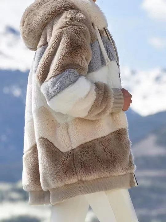 Women Warm Hooded Coat - Padded Contrast Design with Zipper Pocket