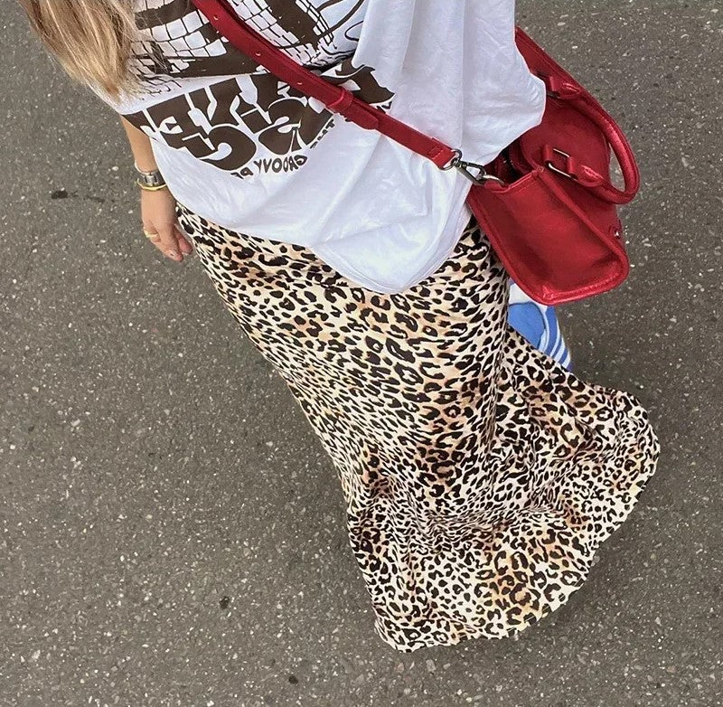 High-Waisted Leopard Design Maxi Skirt - Trendy Casual Stretchy Flared Skirt for Women and Girls