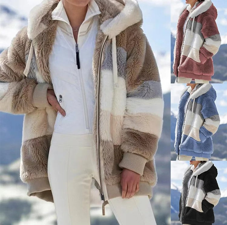 Women Warm Hooded Coat - Padded Contrast Design with Zipper Pocket