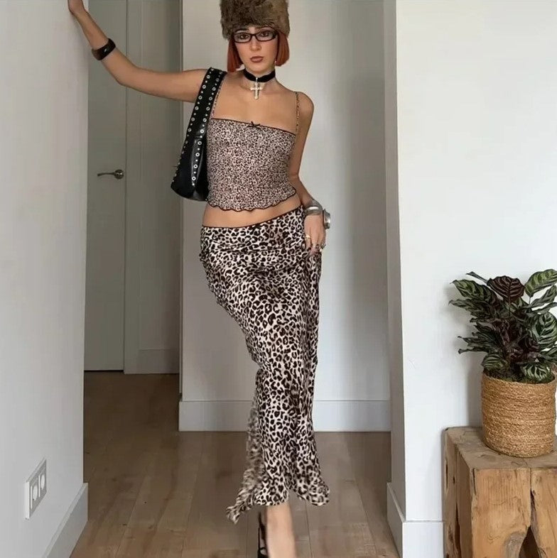 High-Waisted Leopard Design Maxi Skirt - Trendy Casual Stretchy Flared Skirt for Women and Girls