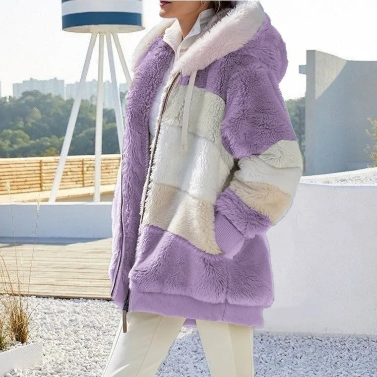 Women Warm Hooded Coat - Padded Contrast Design with Zipper Pocket