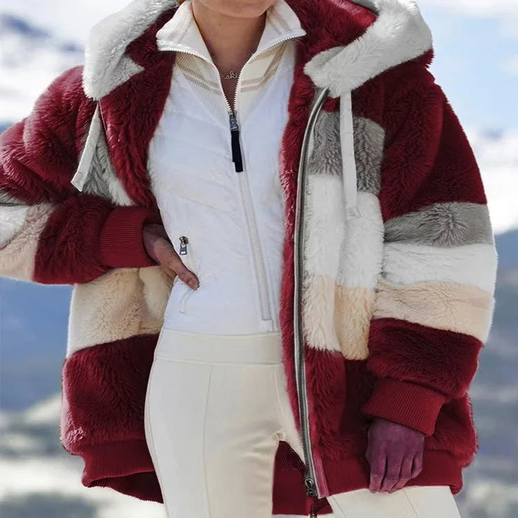 Women Warm Hooded Coat - Padded Contrast Design with Zipper Pocket
