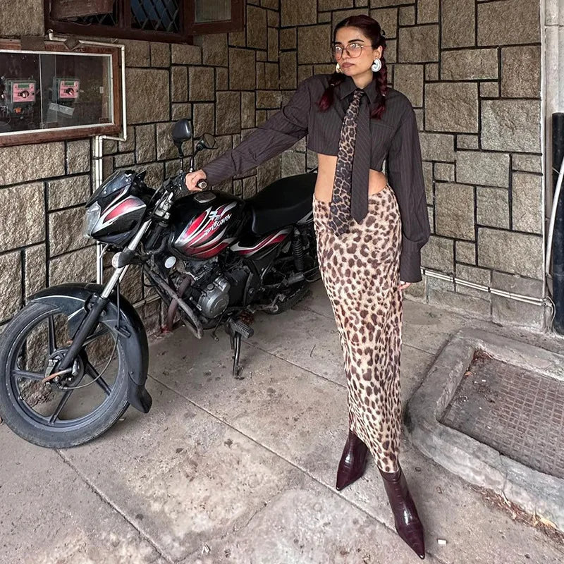 High-Waisted Leopard Design Maxi Skirt - Trendy Casual Stretchy Flared Skirt for Women and Girls