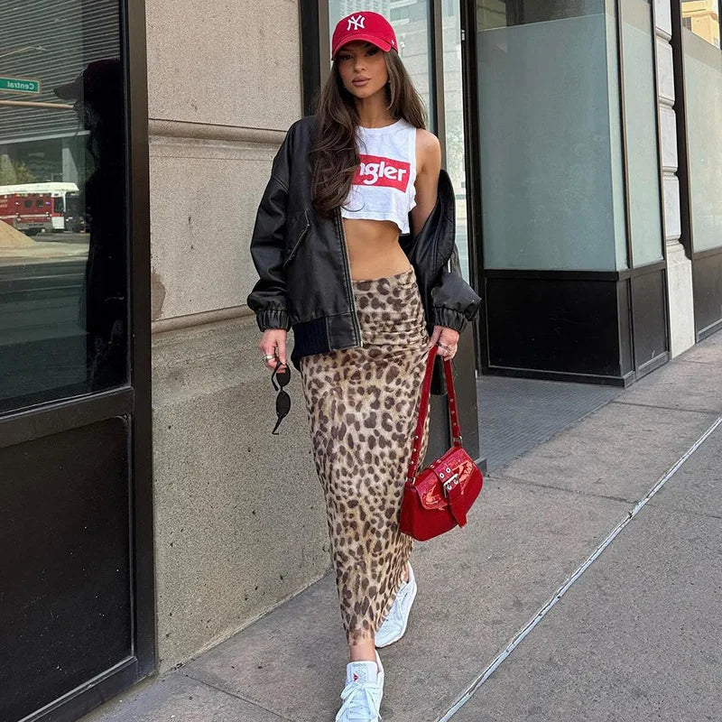 High-Waisted Leopard Design Maxi Skirt - Trendy Casual Stretchy Flared Skirt for Women and Girls