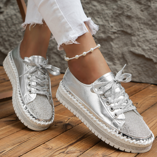 Leather Rhinestone Lace-up Sneakers