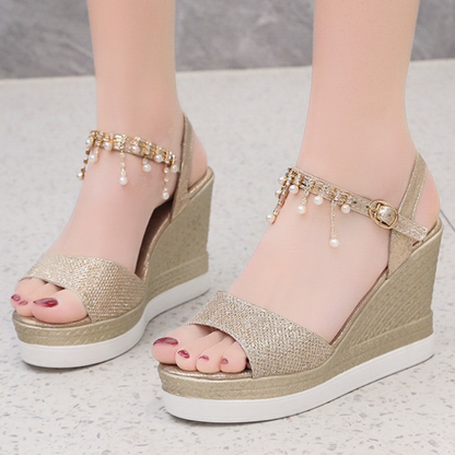 Women's Rhinestone Pearl Decor Wedge Sandals - Easy Hook & Loop Closure