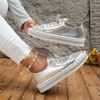 Women Rhinestone Lace-up Sneakers