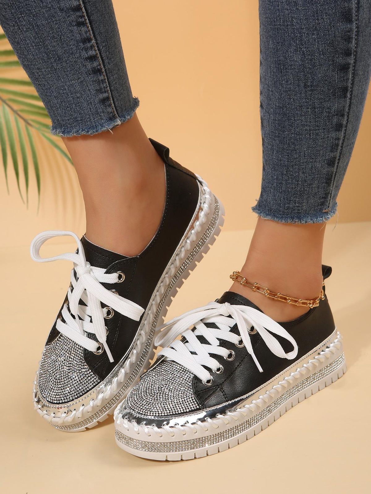 Women Rhinestone Lace-up Sneakers