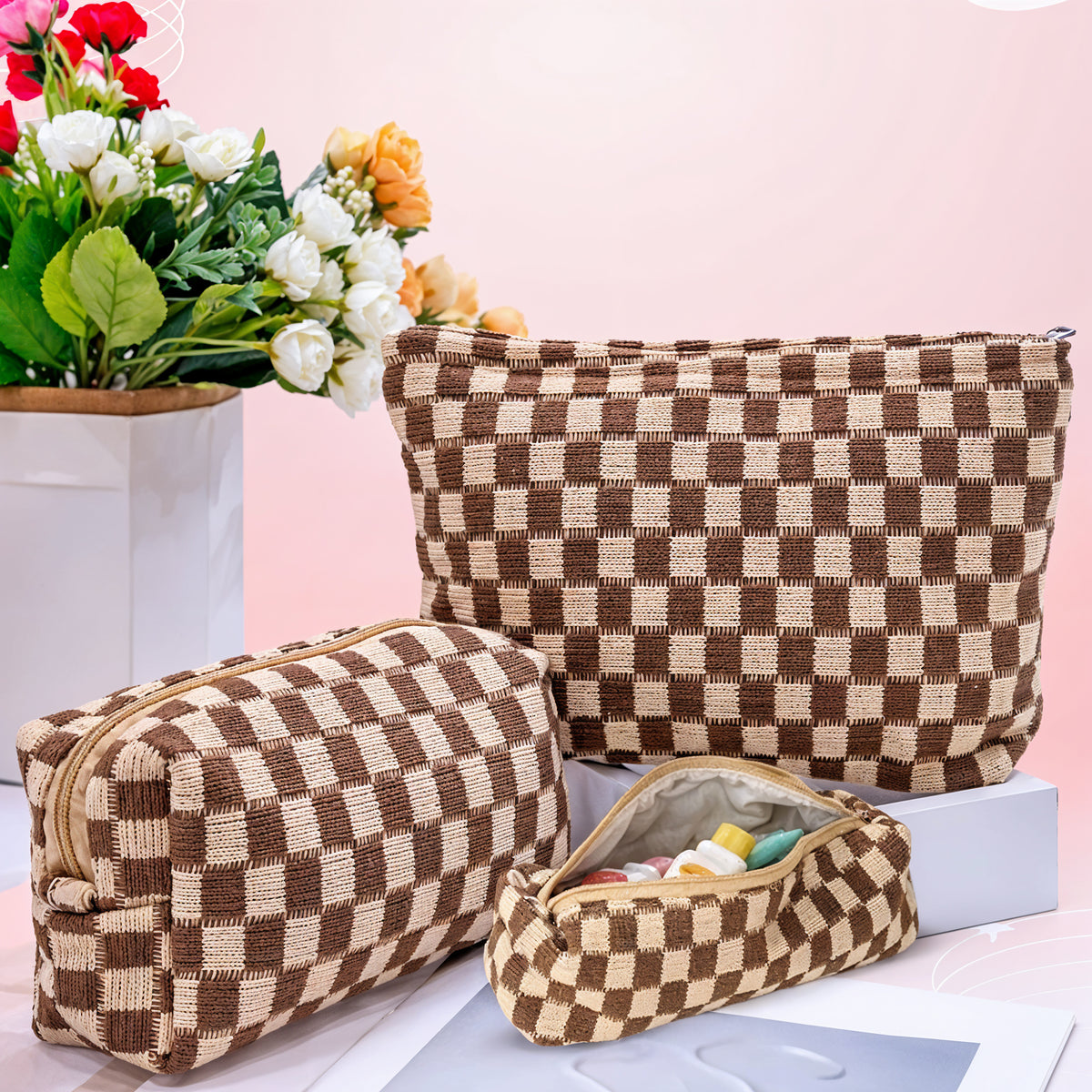 Checkered Cosmetic Bag Set