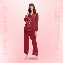 Women Silk pyjama Set - Long Sleeve Top & Elastic Waistband Pants