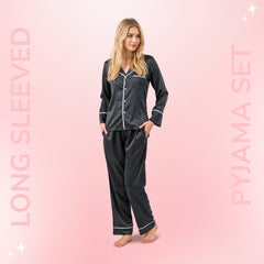 Women Silk pyjama Set - Long Sleeve Top & Elastic Waistband Pants