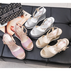 Women's Rhinestone Pearl Decor Wedge Sandals - Easy Hook & Loop Closure