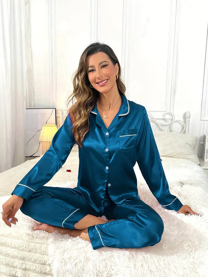 Women Silk pyjama Set - Long Sleeve Top & Elastic Waistband Pants