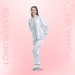 Women Silk pyjama Set - Long Sleeve Top & Elastic Waistband Pants