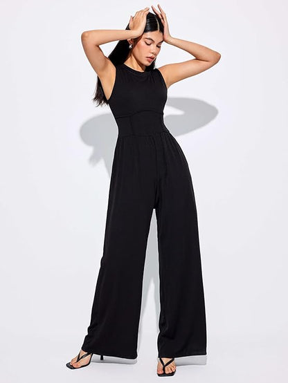 SOLID SLEEVELESS WIDE LEG JUMPSUIT