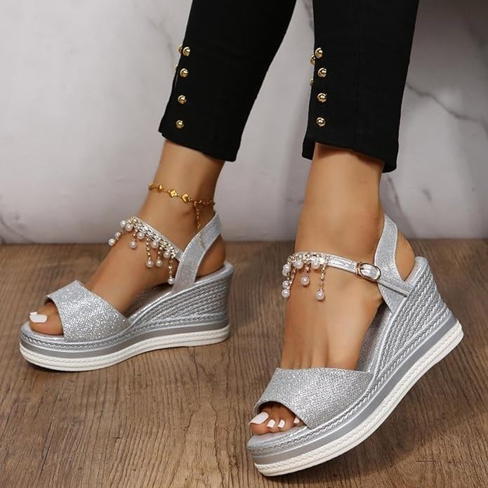 Women's Rhinestone Pearl Decor Wedge Sandals - Easy Hook & Loop Closure