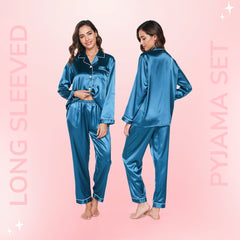Women Silk pyjama Set - Long Sleeve Top & Elastic Waistband Pants
