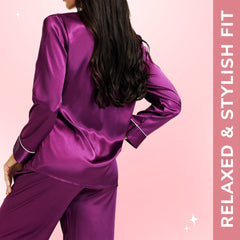 Women Silk pyjama Set - Long Sleeve Top & Elastic Waistband Pants
