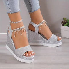 Women's Rhinestone Pearl Decor Wedge Sandals - Easy Hook & Loop Closure