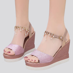 Women's Rhinestone Pearl Decor Wedge Sandals - Easy Hook & Loop Closure