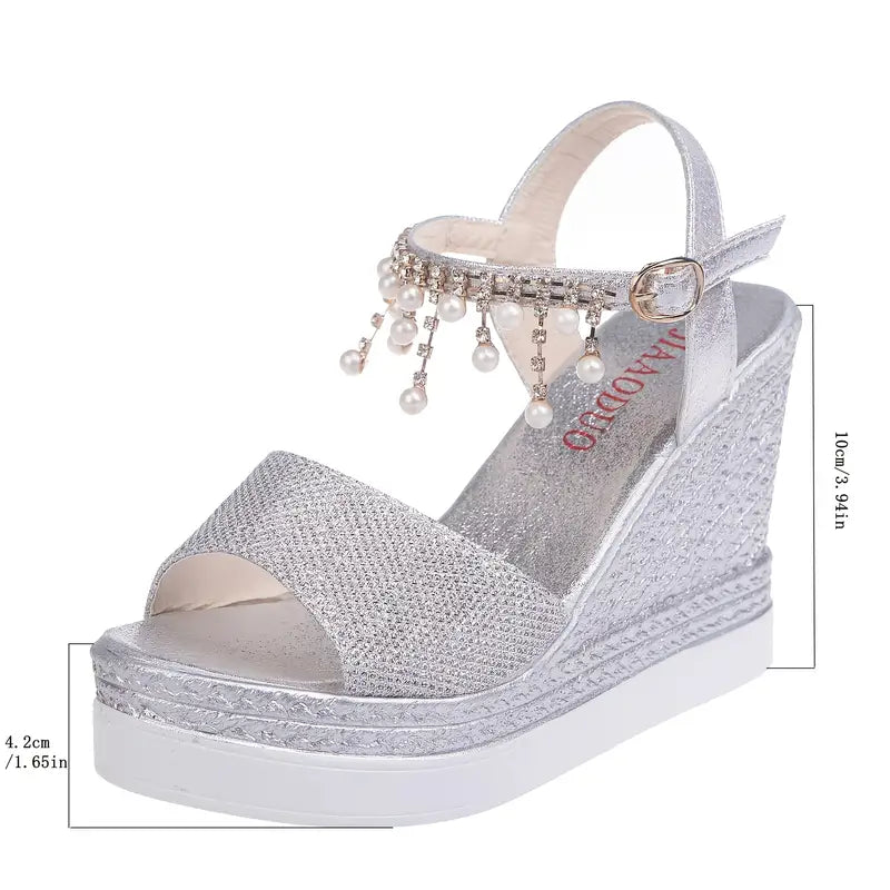 Women's Rhinestone Pearl Decor Wedge Sandals - Easy Hook & Loop Closure