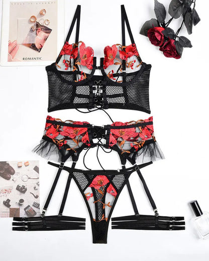 Floral Embroidery Fishnet Design Lingerie Set