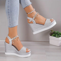 Women's Rhinestone Pearl Decor Wedge Sandals - Easy Hook & Loop Closure