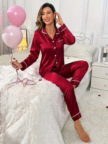 Women Silk pyjama Set - Long Sleeve Top & Elastic Waistband Pants